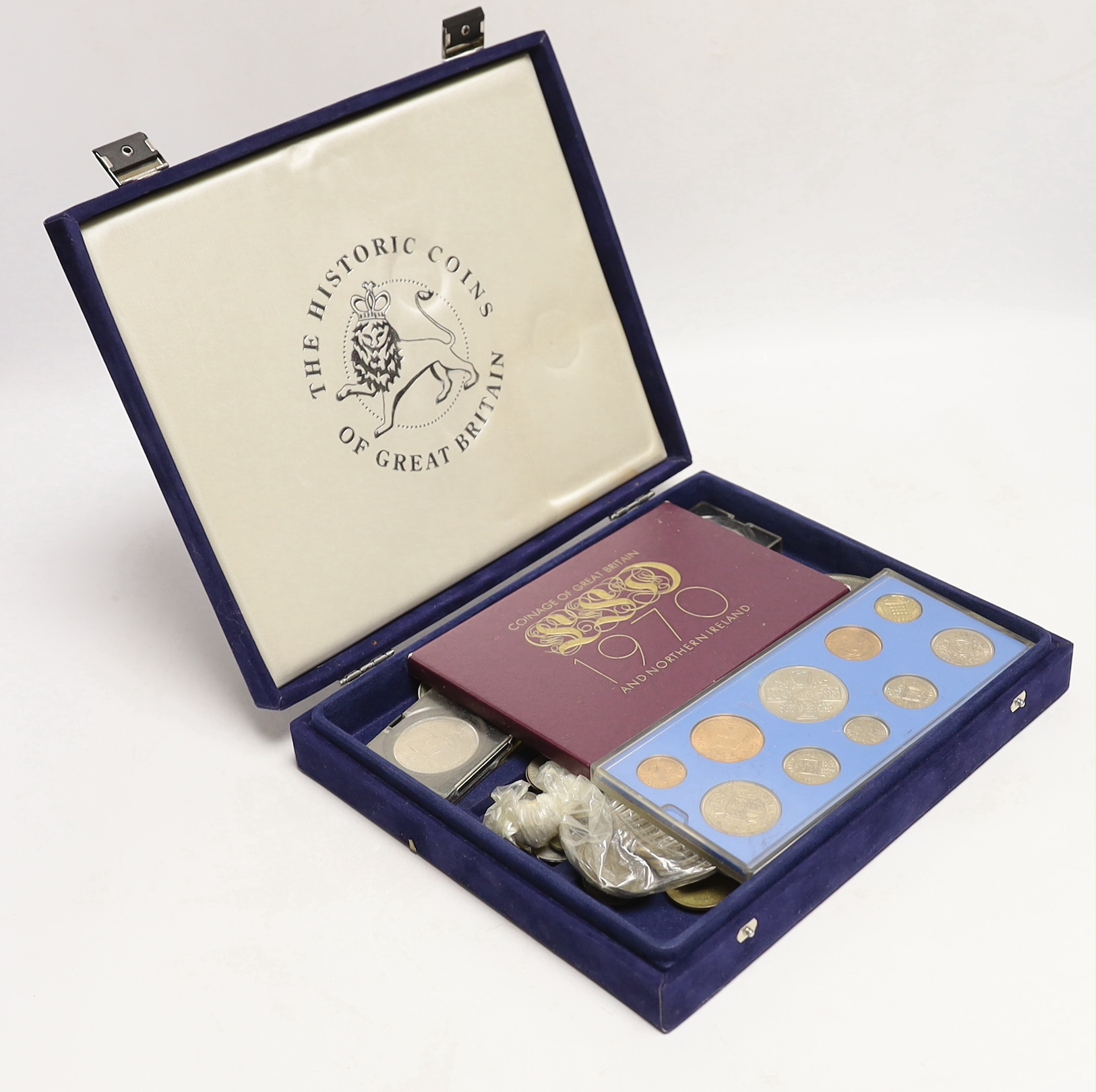 World coins and British commemorative medals, including George IV and Victoria coronation medals, QEII 1953 BUNC year set, 1970 proof coin set, various GVI to QEII half crowns and mix of 18th / 20th century world coins